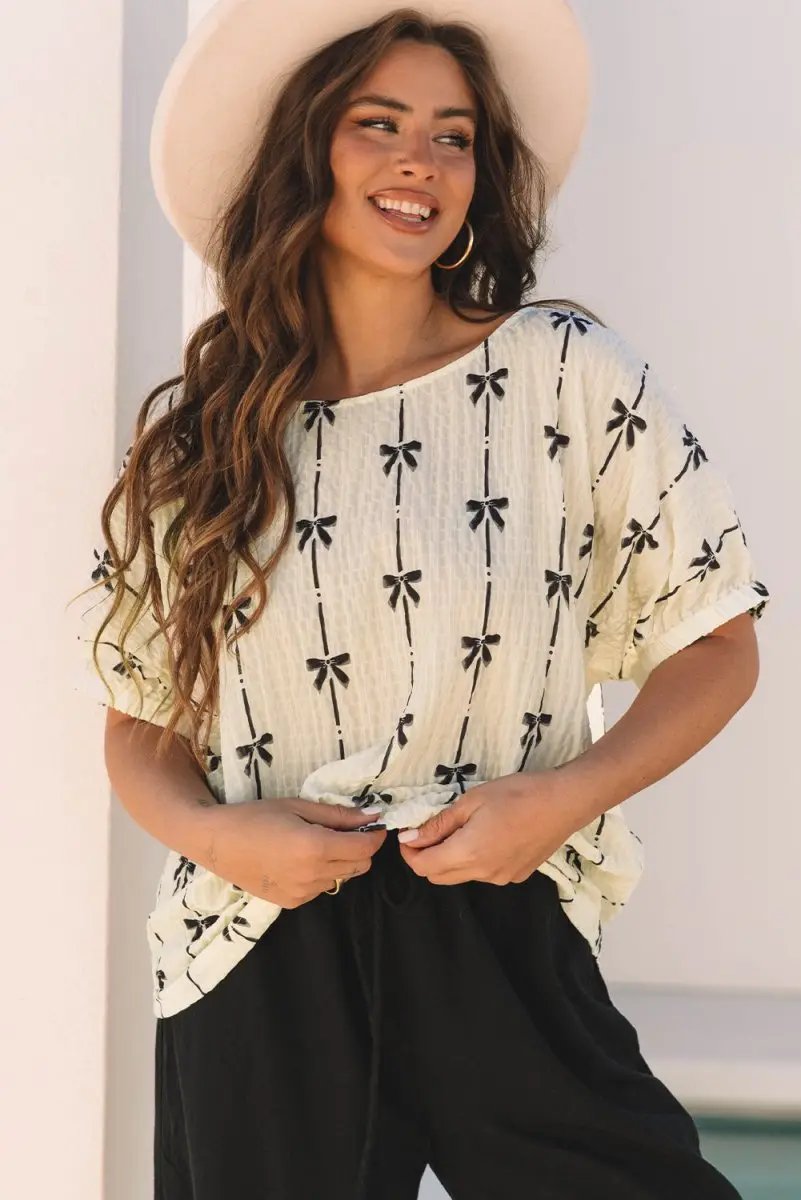 Beige Bow Print Puff Short Sleeve Top for Women Fashion - Love Salve 