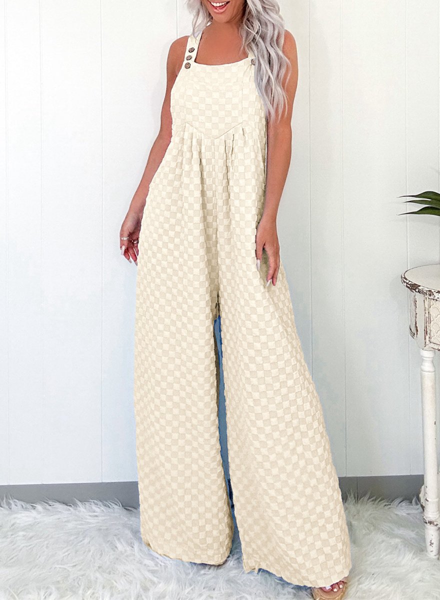 Beige Checkered Pocketed High Waist Wide Leg Overall Jumpsuit - Love Salve