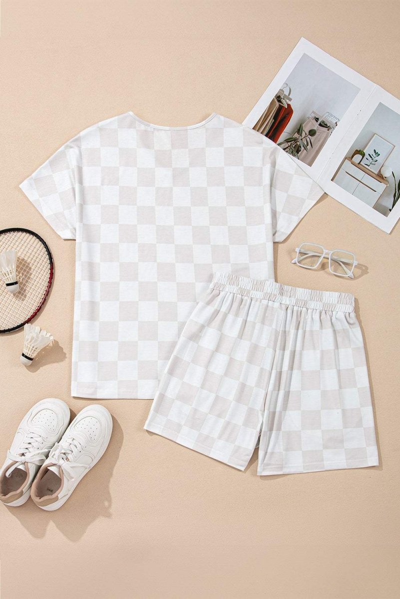 Beige Checkered V Neck Tee Drawstring Shorts Lounge Set for Women - Love Salve 
