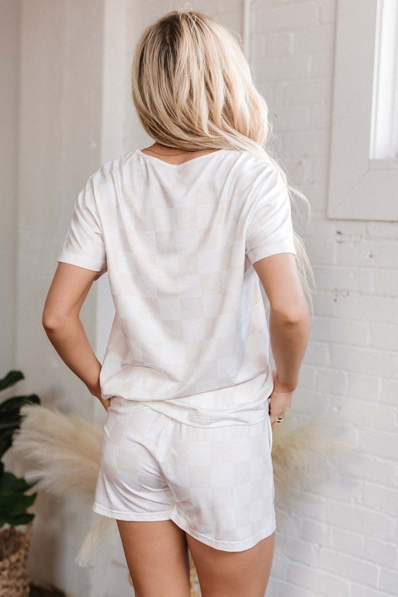Beige Checkered V Neck Tee Drawstring Shorts Lounge Set for Women - Love Salve 