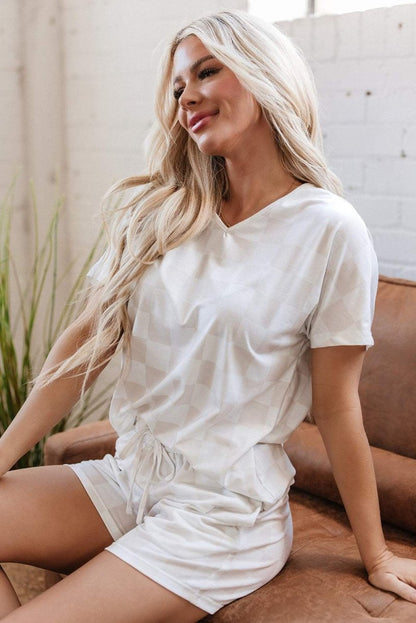 Beige Checkered V Neck Tee Drawstring Shorts Lounge Set for Women - Love Salve 