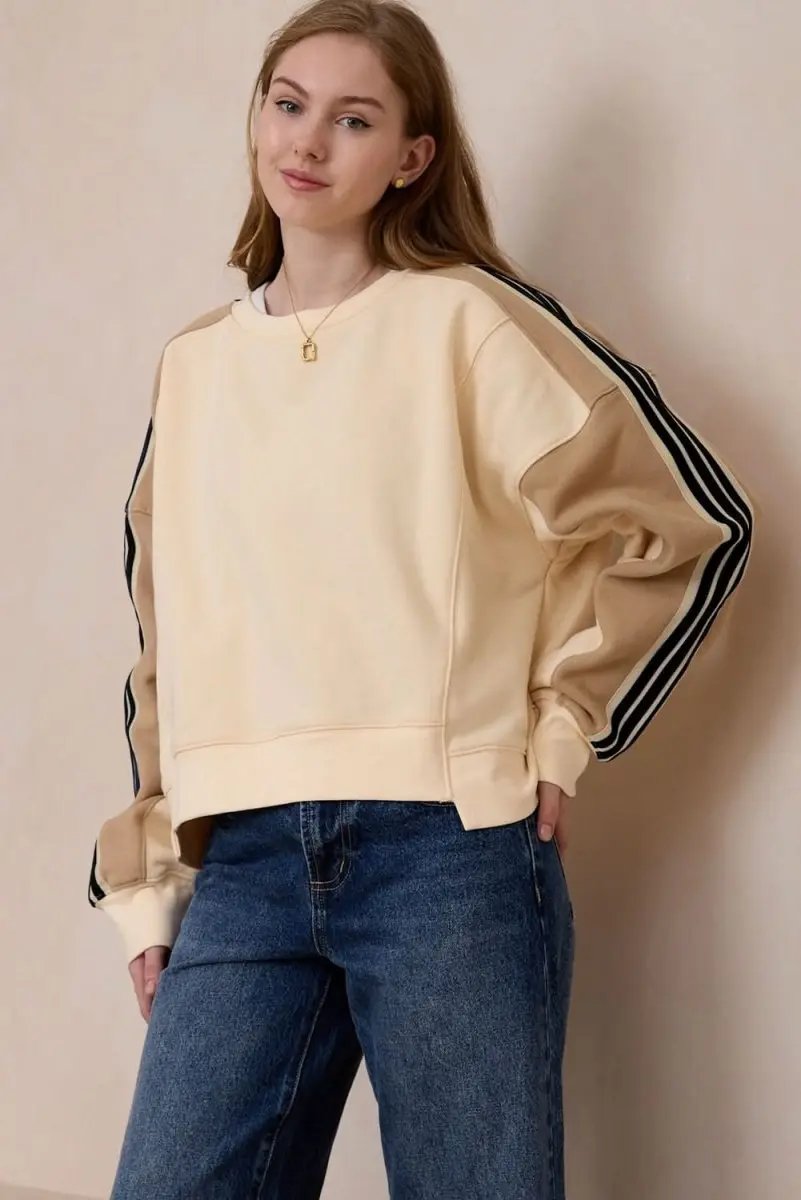 Beige Contrast Striped Patchwork Drop Shoulder Loose Sweatshirt - Love Salve 