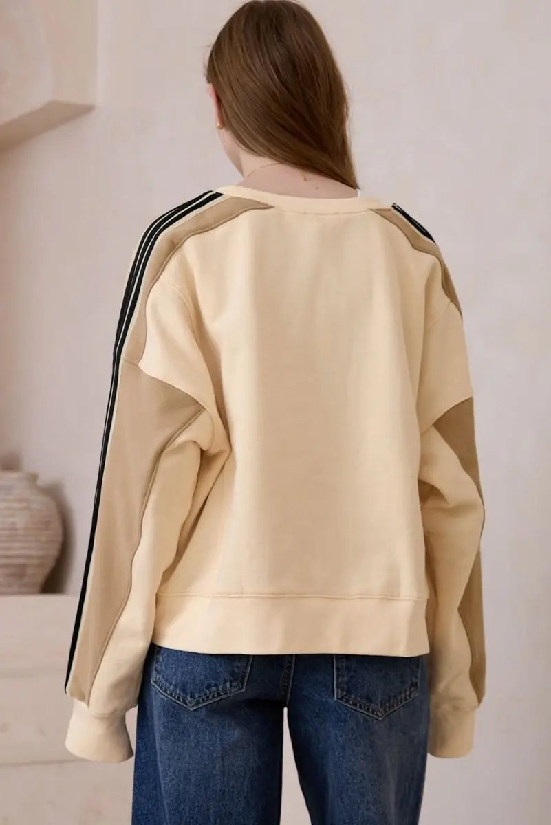 Beige Contrast Striped Patchwork Drop Shoulder Loose Sweatshirt - Love Salve 