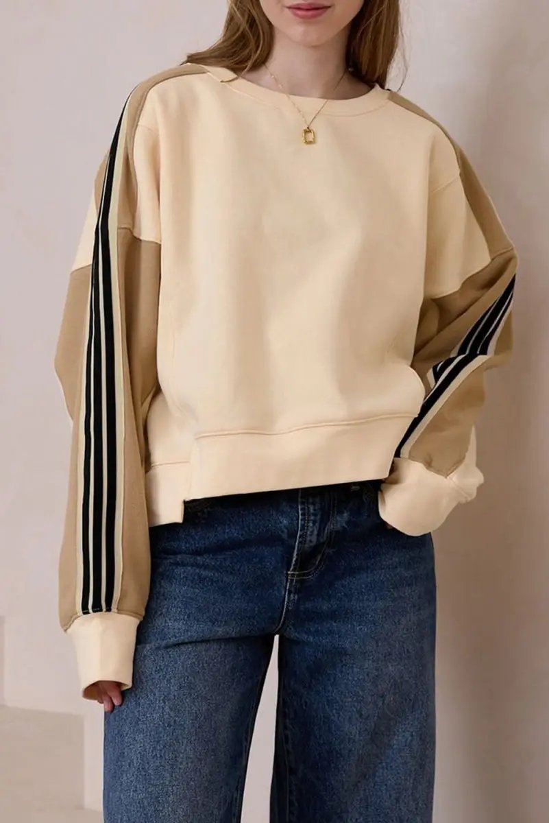 Beige Contrast Striped Patchwork Drop Shoulder Loose Sweatshirt - Love Salve 