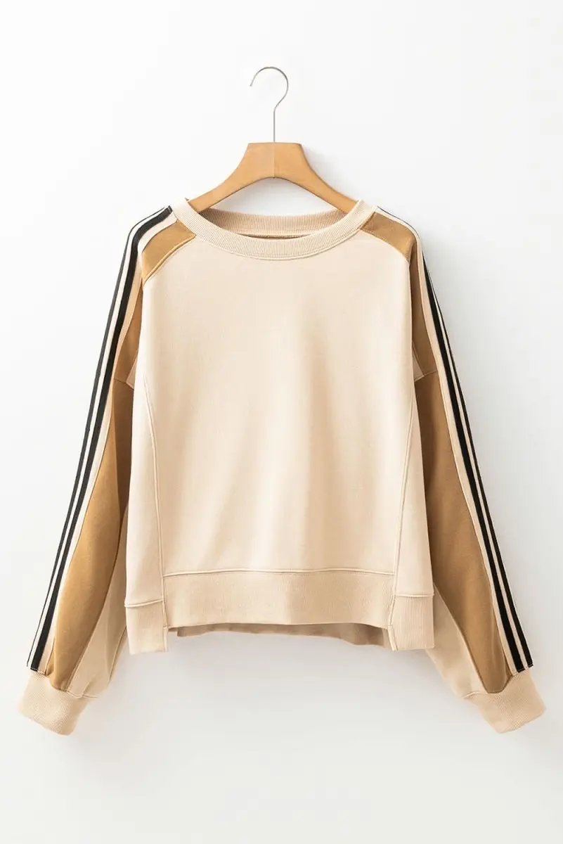 Beige Contrast Striped Patchwork Drop Shoulder Loose Sweatshirt - Love Salve 