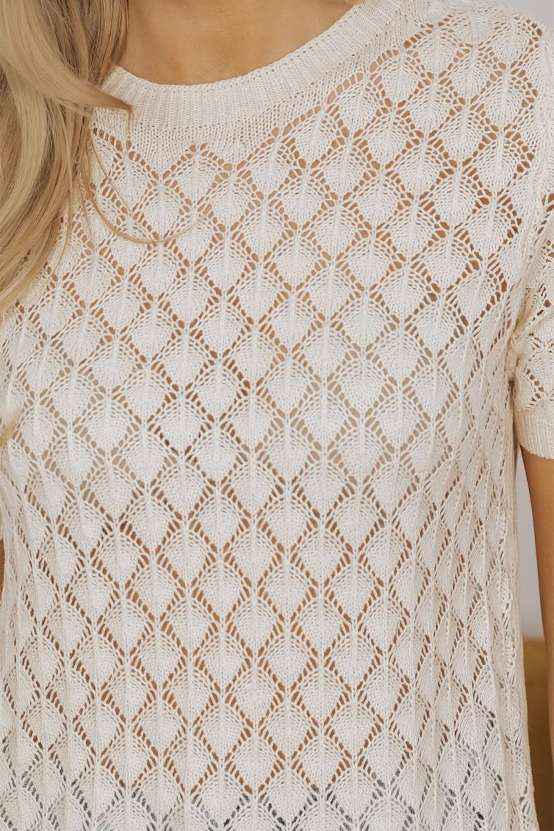 Beige Cut-Out Crochet Short Sleeve Sweater Tee - Love Salve 