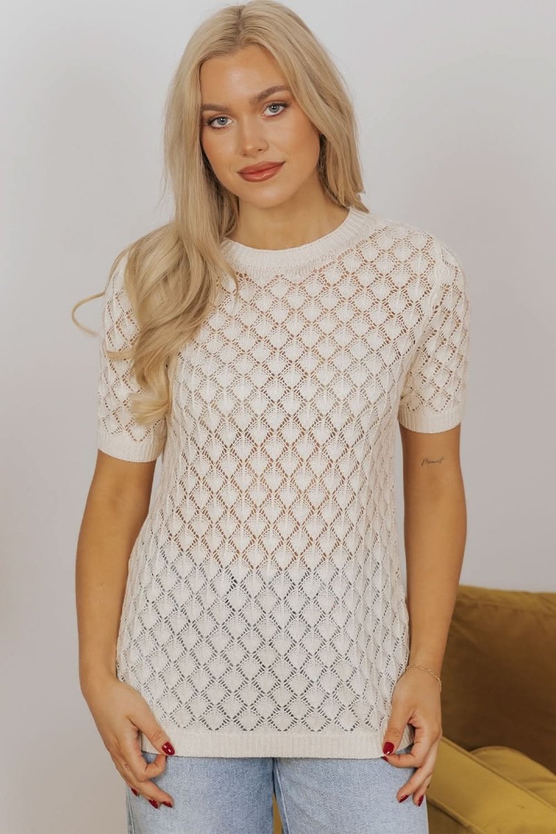 Beige Cut-Out Crochet Short Sleeve Sweater Tee - Love Salve 