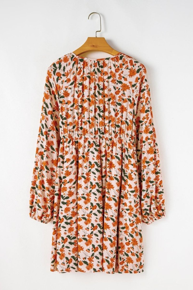 Beige Floral Deep V Neck Smocked Bust Bubble Sleeve Babydoll Dress - Love Salve 