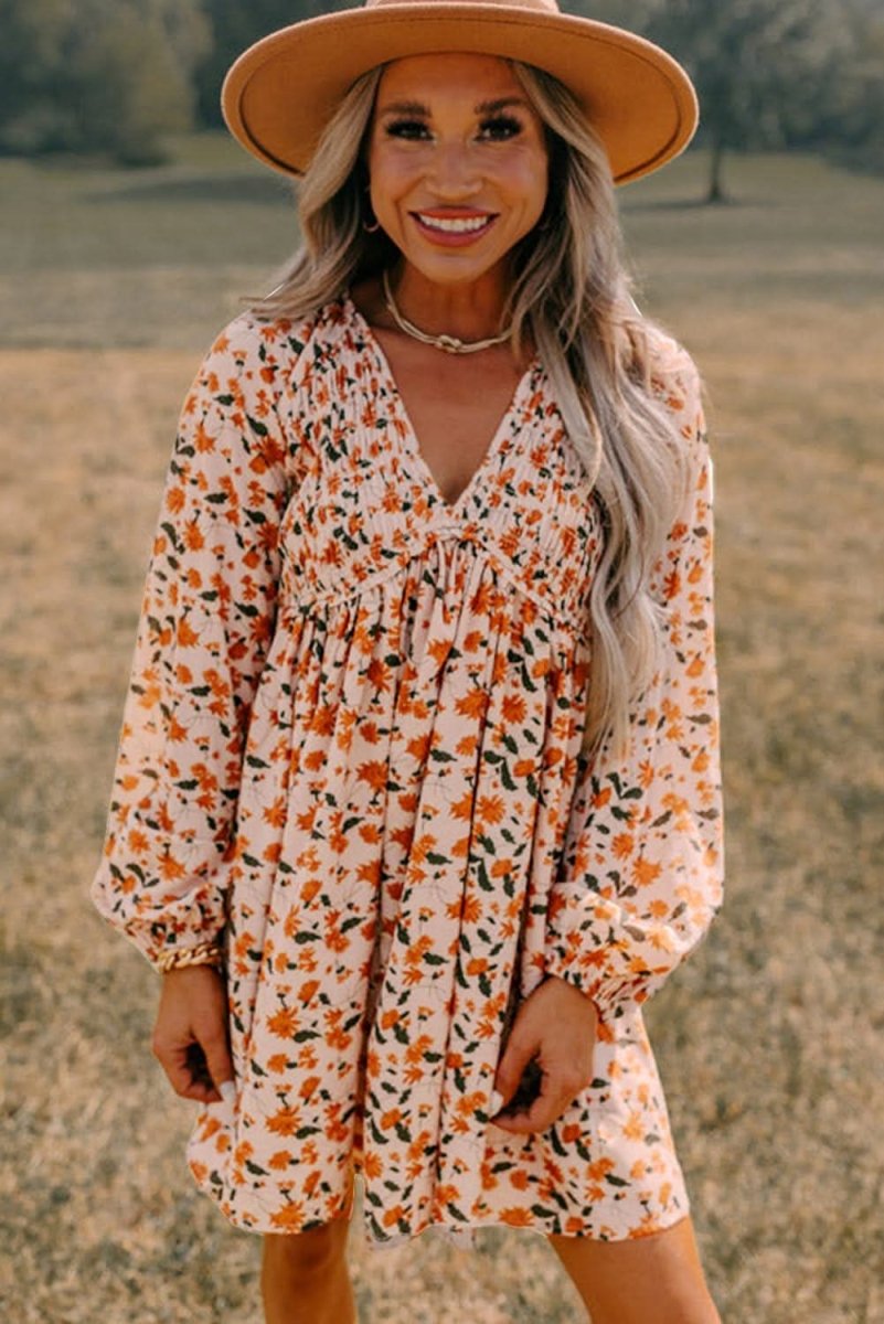 Beige Floral Deep V Neck Smocked Bust Bubble Sleeve Babydoll Dress - Love Salve 