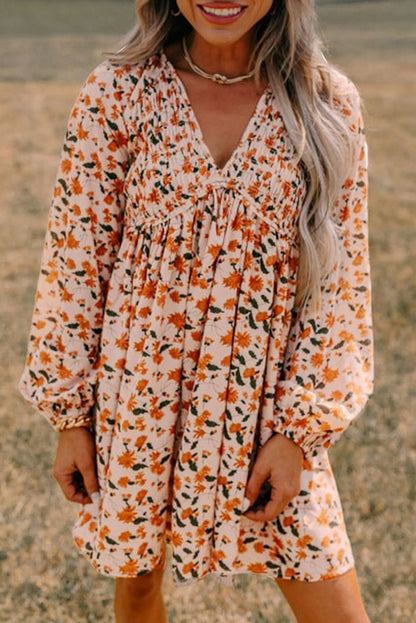 Beige Floral Deep V Neck Smocked Bust Bubble Sleeve Babydoll Dress - Love Salve 