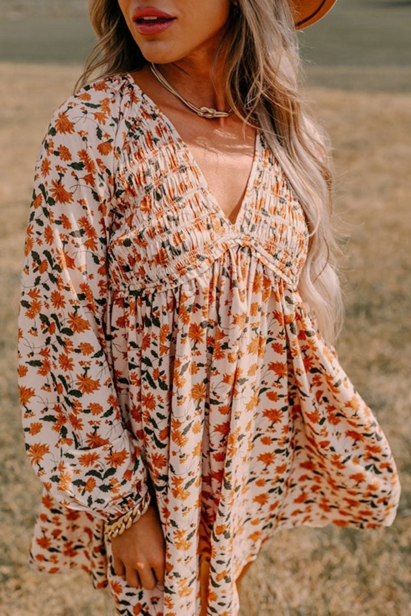 Beige Floral Deep V Neck Smocked Bust Bubble Sleeve Babydoll Dress - Love Salve 