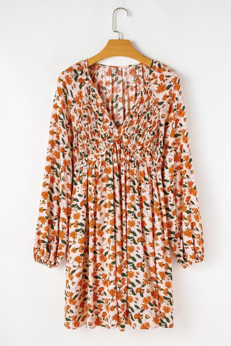 Beige Floral Deep V Neck Smocked Bust Bubble Sleeve Babydoll Dress - Love Salve 