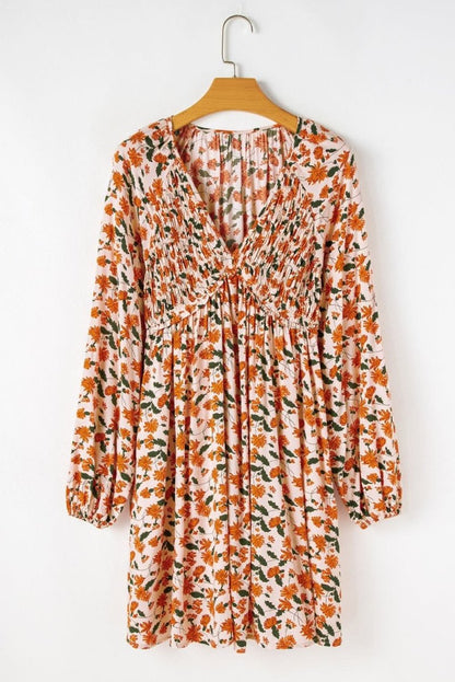 Beige Floral Deep V Neck Smocked Bust Bubble Sleeve Babydoll Dress - Love Salve 