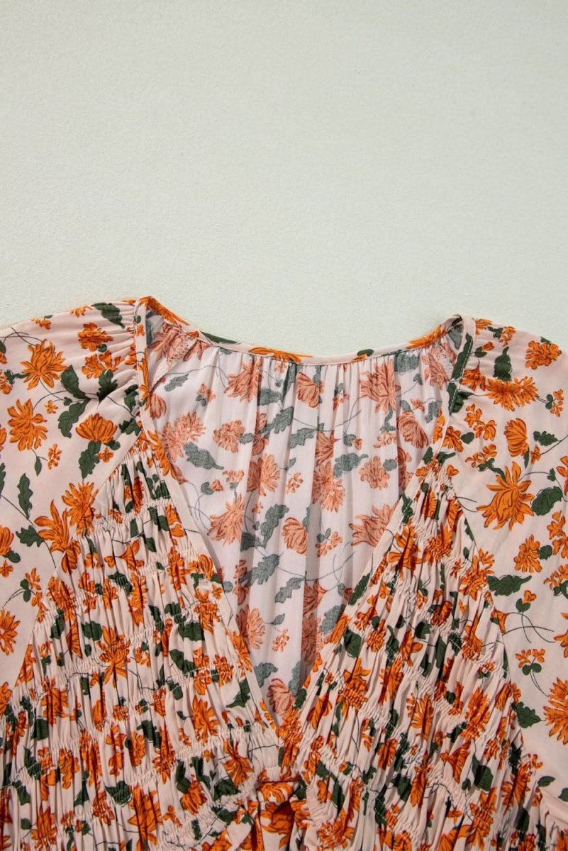 Beige Floral Deep V Neck Smocked Bust Bubble Sleeve Babydoll Dress - Love Salve 