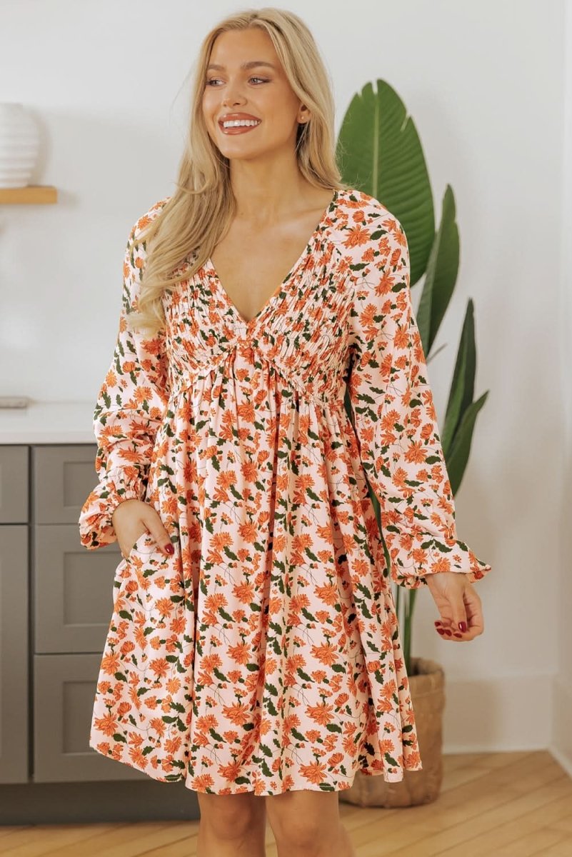 Beige Floral Deep V Neck Smocked Bust Bubble Sleeve Babydoll Dress - Love Salve 