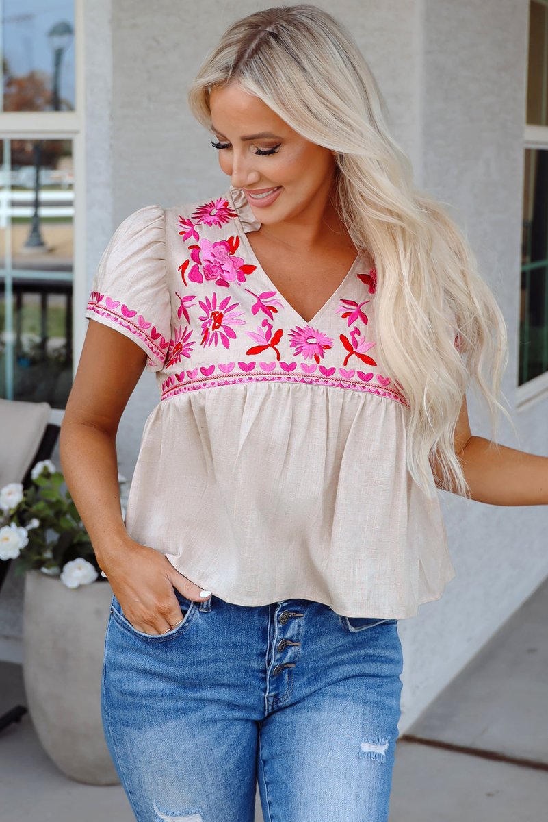 Beige Floral Embroidered Short Sleeve Notched V Neck Blouse - Love Salve 