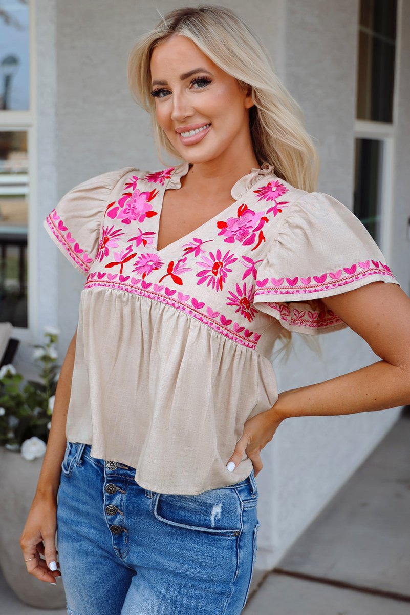 Beige Floral Embroidered Short Sleeve Notched V Neck Blouse - Love Salve 