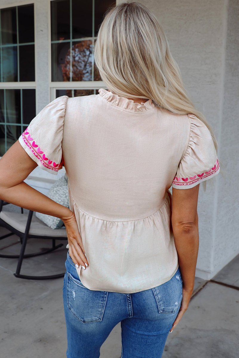 Beige Floral Embroidered Short Sleeve Notched V Neck Blouse - Love Salve 