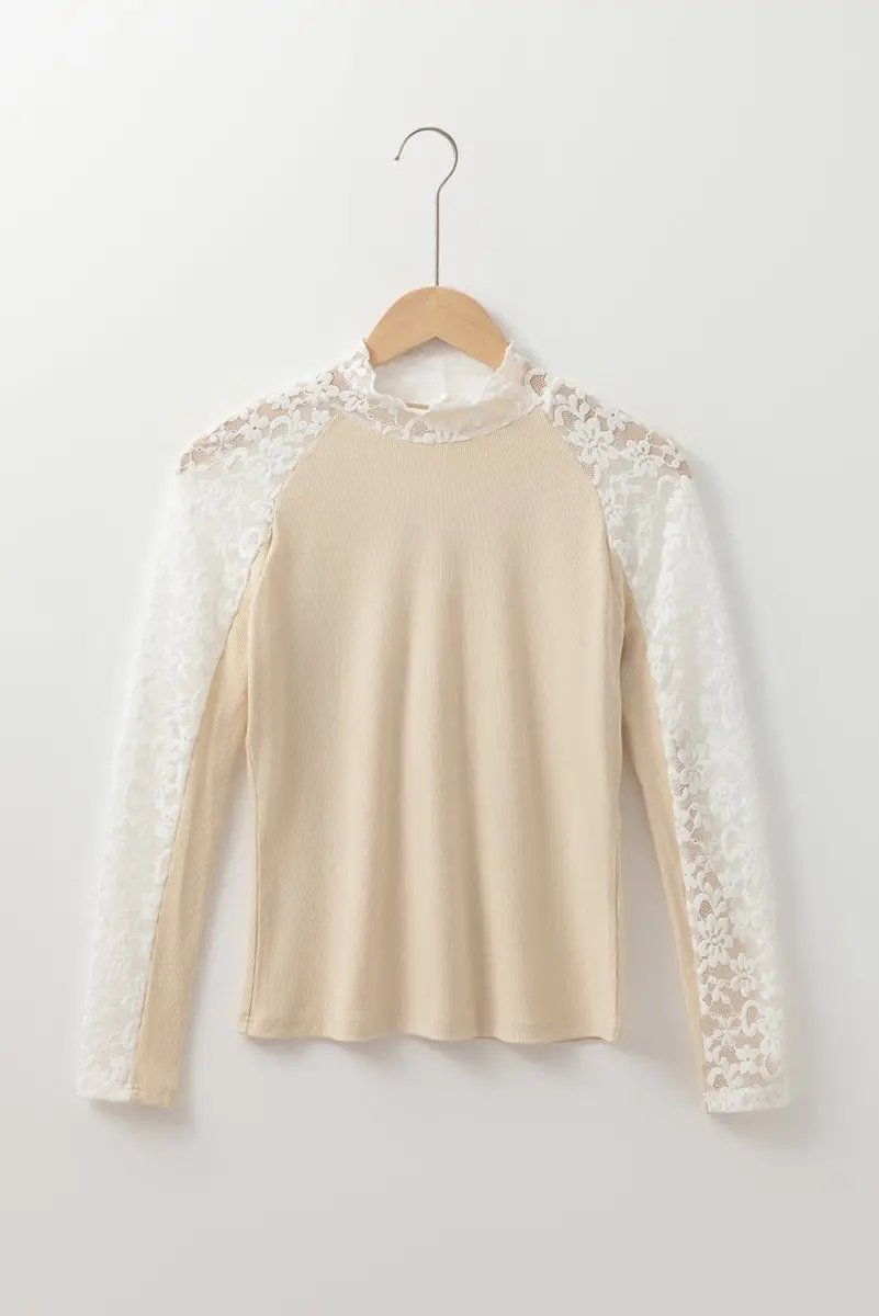 Beige Floral Lace Patchwork Long Sleeve High Neck Slim Top - Love Salve 