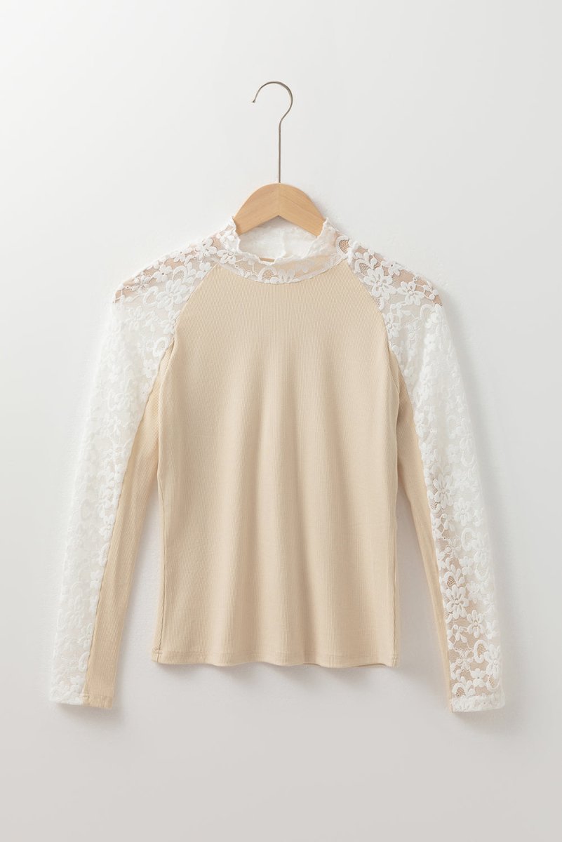 Beige Floral Lace Patchwork Long Sleeve High Neck Slim Top - Love Salve