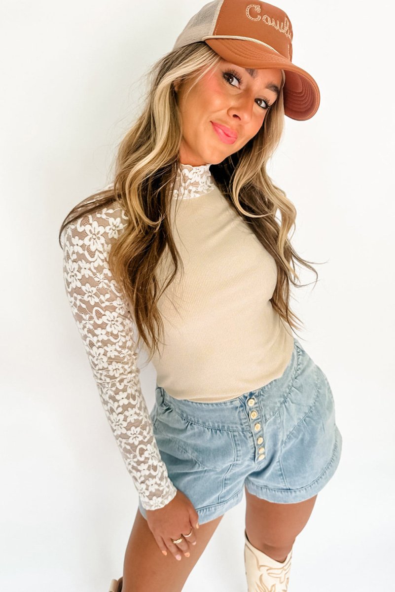 Beige Floral Lace Patchwork Long Sleeve High Neck Slim Top - Love Salve