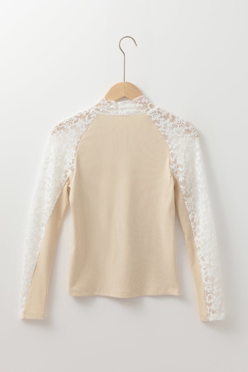 Beige Floral Lace Patchwork Long Sleeve High Neck Slim Top - Love Salve