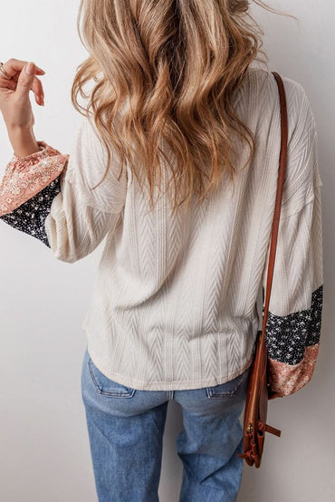 Beige Floral Patchwork Textured Knit Drawstring V Neck Blouse - Love Salve 