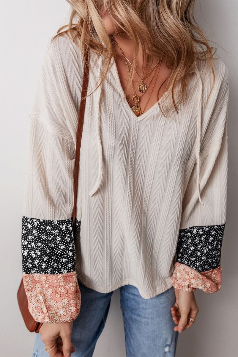 Beige Floral Patchwork Textured Knit Drawstring V Neck Blouse - Love Salve 