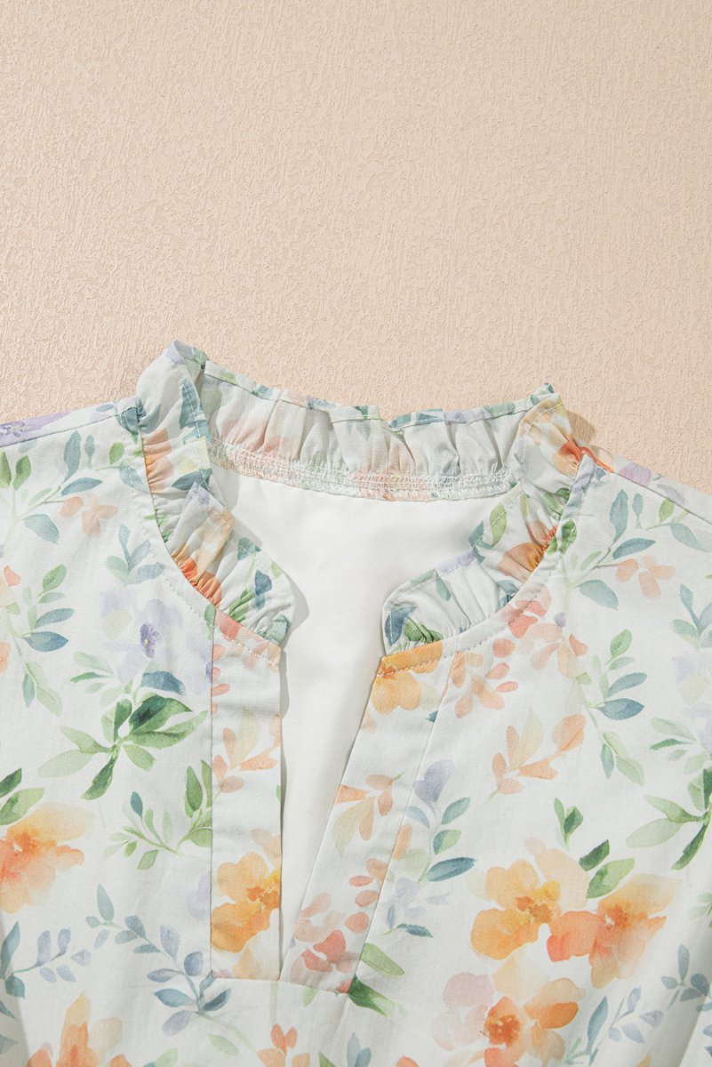 Beige Floral Print Shirred High Waist Puff Sleeve Mini Dress - Love Salve 