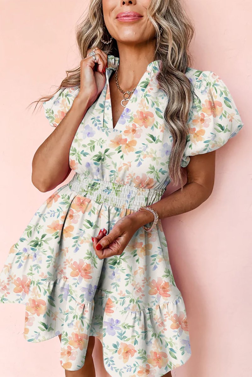 Beige Floral Print Shirred High Waist Puff Sleeve Mini Dress - Love Salve 
