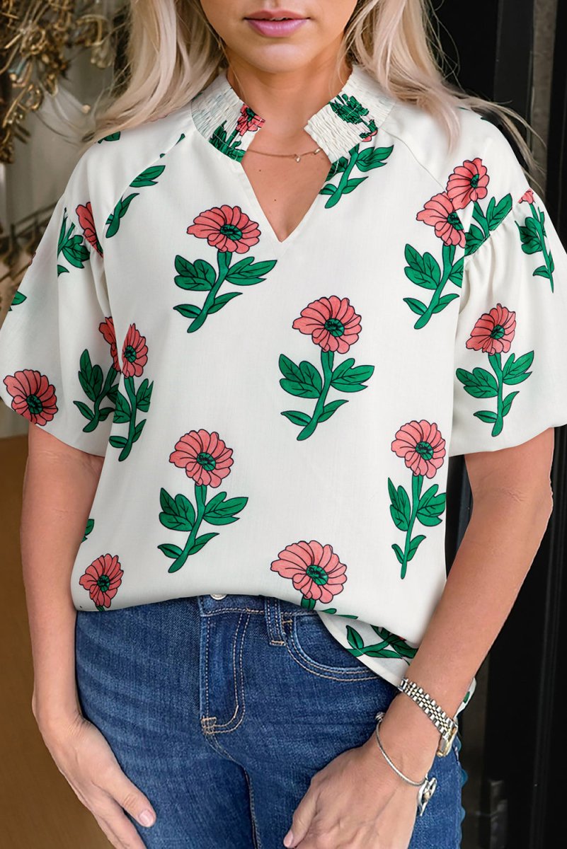 Beige Floral Print Shirred Split Neck Short Sleeve Blouse for Women - Love Salve 