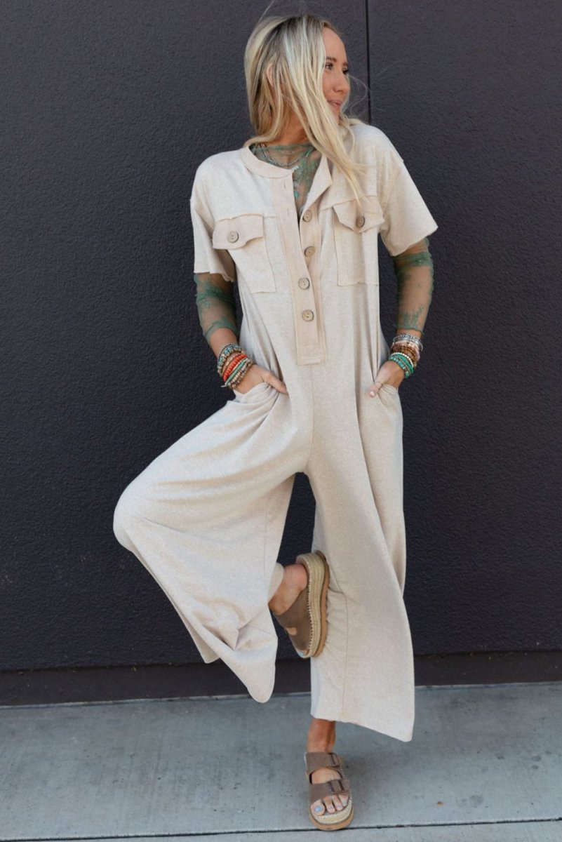 Beige Half Placket Chest Pockets Short Sleeve Wide Leg Jumpsuit - Love Salve 