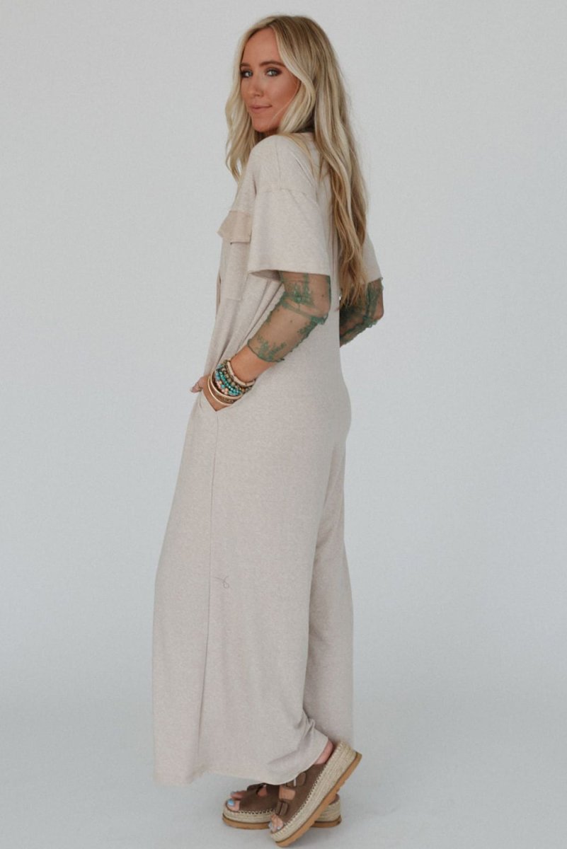 Beige Half Placket Chest Pockets Short Sleeve Wide Leg Jumpsuit - Love Salve 