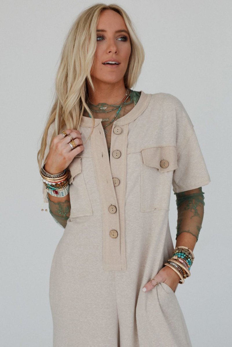 Beige Half Placket Chest Pockets Short Sleeve Wide Leg Jumpsuit - Love Salve 