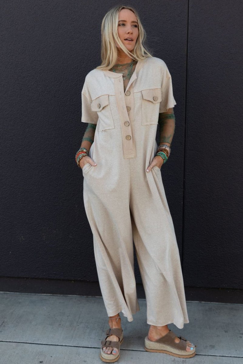 Beige Half Placket Chest Pockets Short Sleeve Wide Leg Jumpsuit - Love Salve 