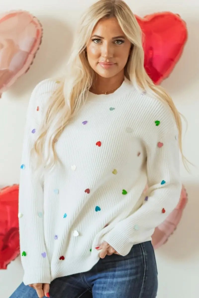 Beige Heart Sequin Waffle Knit Sweater with Round Neck - Love Salve 