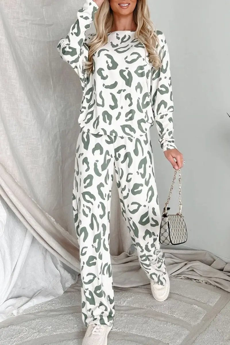 Beige Leopard Animal Print Long Sleeve and Pants Loungewear Set - Love Salve 
