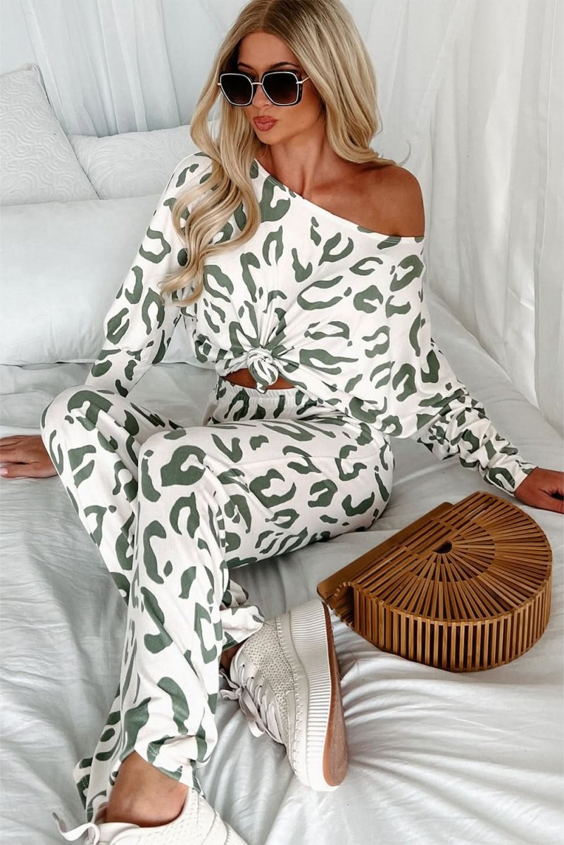 Beige Leopard Animal Print Long Sleeve and Pants Loungewear Set - Love Salve 