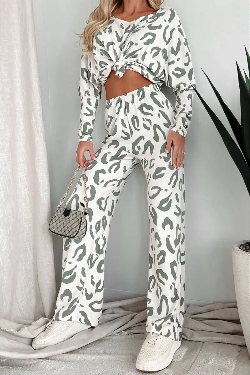 Beige Leopard Animal Print Long Sleeve and Pants Loungewear Set - Love Salve 