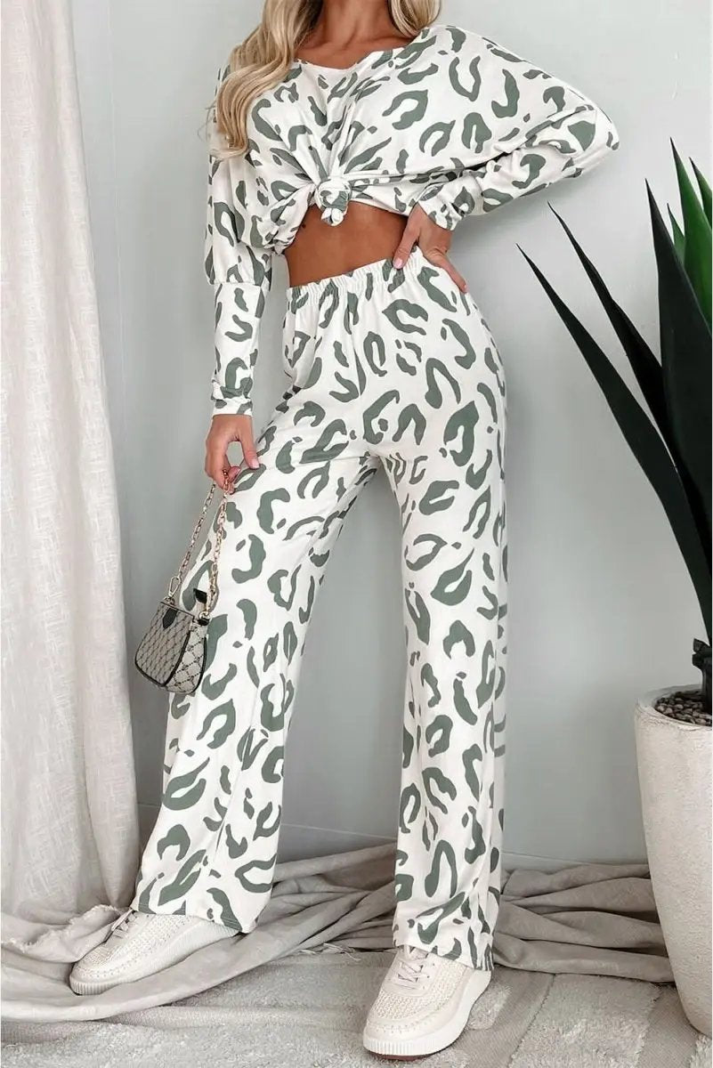 Beige Leopard Animal Print Long Sleeve and Pants Loungewear Set - Love Salve 