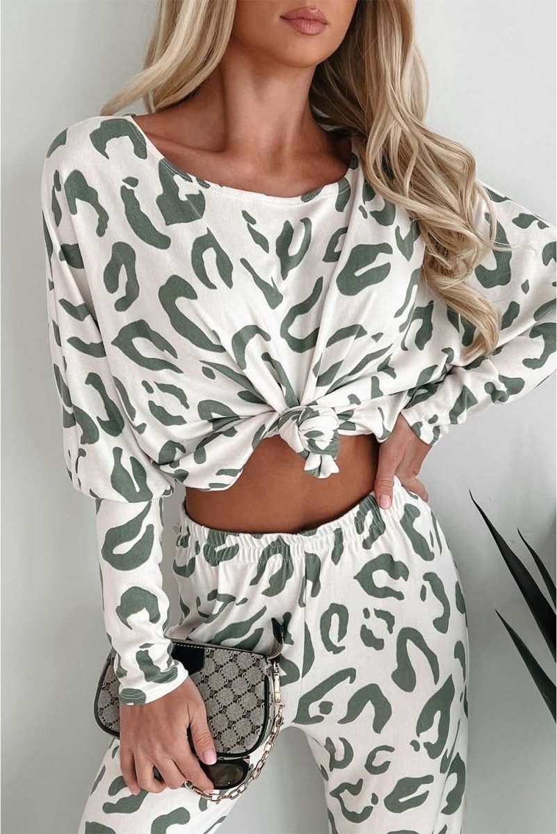 Beige Leopard Animal Print Long Sleeve and Pants Loungewear Set - Love Salve 