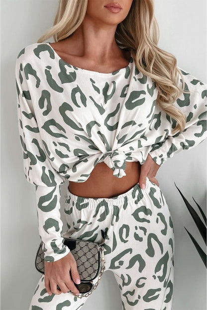Beige Leopard Animal Print Long Sleeve and Pants Loungewear Set - Love Salve 