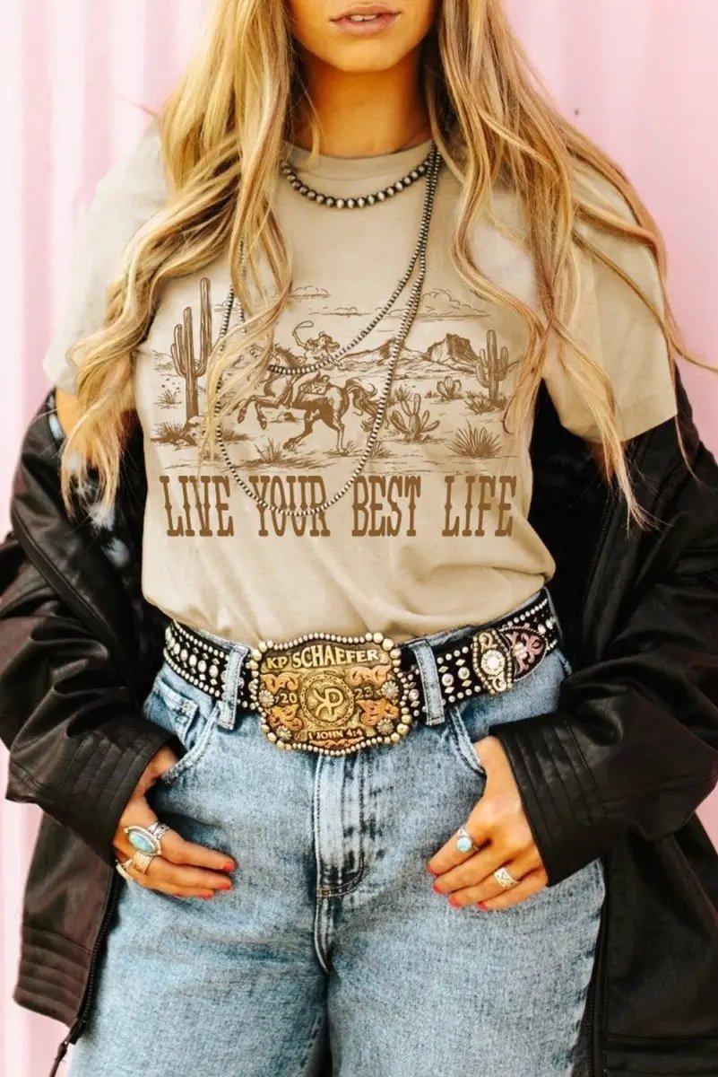 Beige LIVE YOUR BEST LIFE Crew Neck Western Graphic Tee - Love Salve 