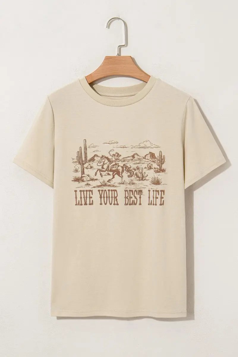 Beige LIVE YOUR BEST LIFE Crew Neck Western Graphic Tee - Love Salve 