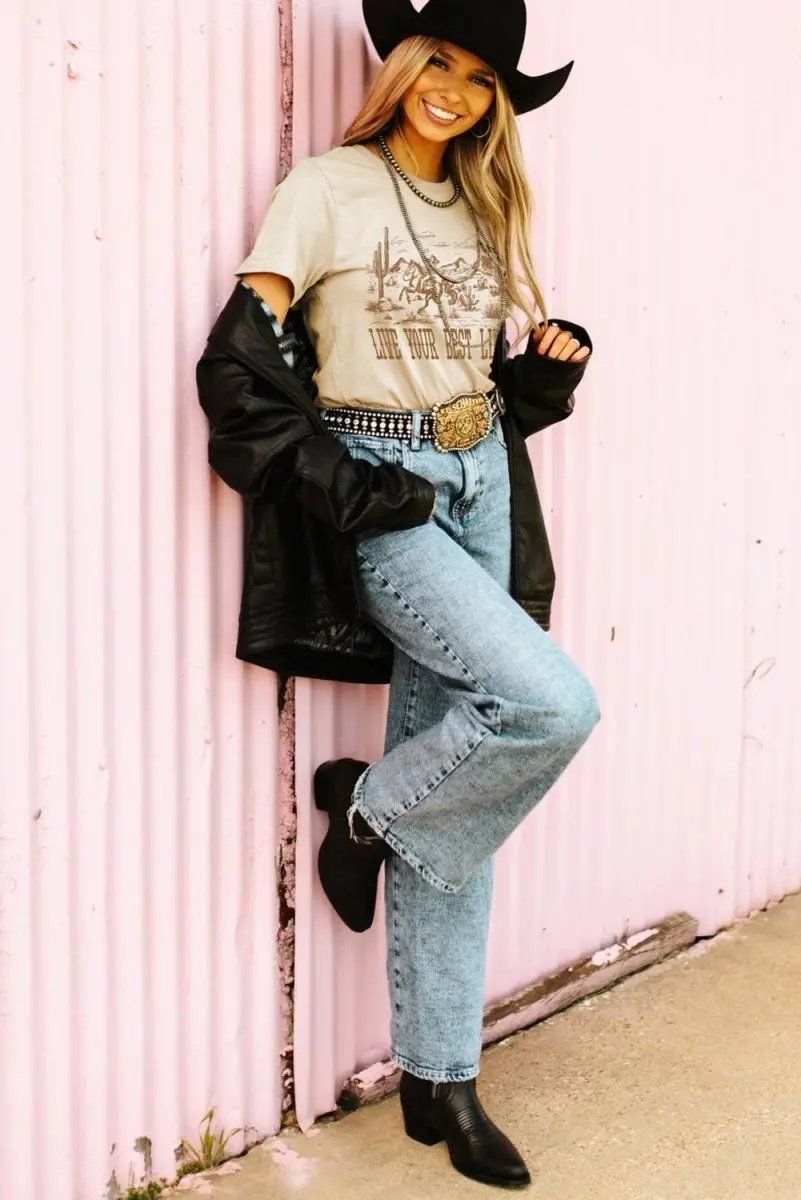 Beige LIVE YOUR BEST LIFE Crew Neck Western Graphic Tee - Love Salve 