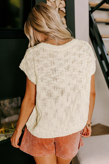 Beige Notched V Neck Short Sleeve Sweater for Casual Wear - Love Salve