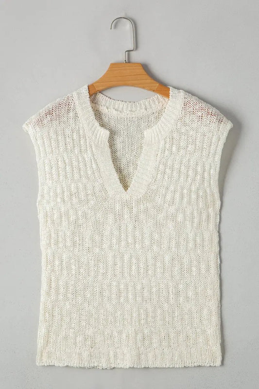 Beige Notched V Neck Short Sleeve Sweater for Casual Wear - Love Salve 