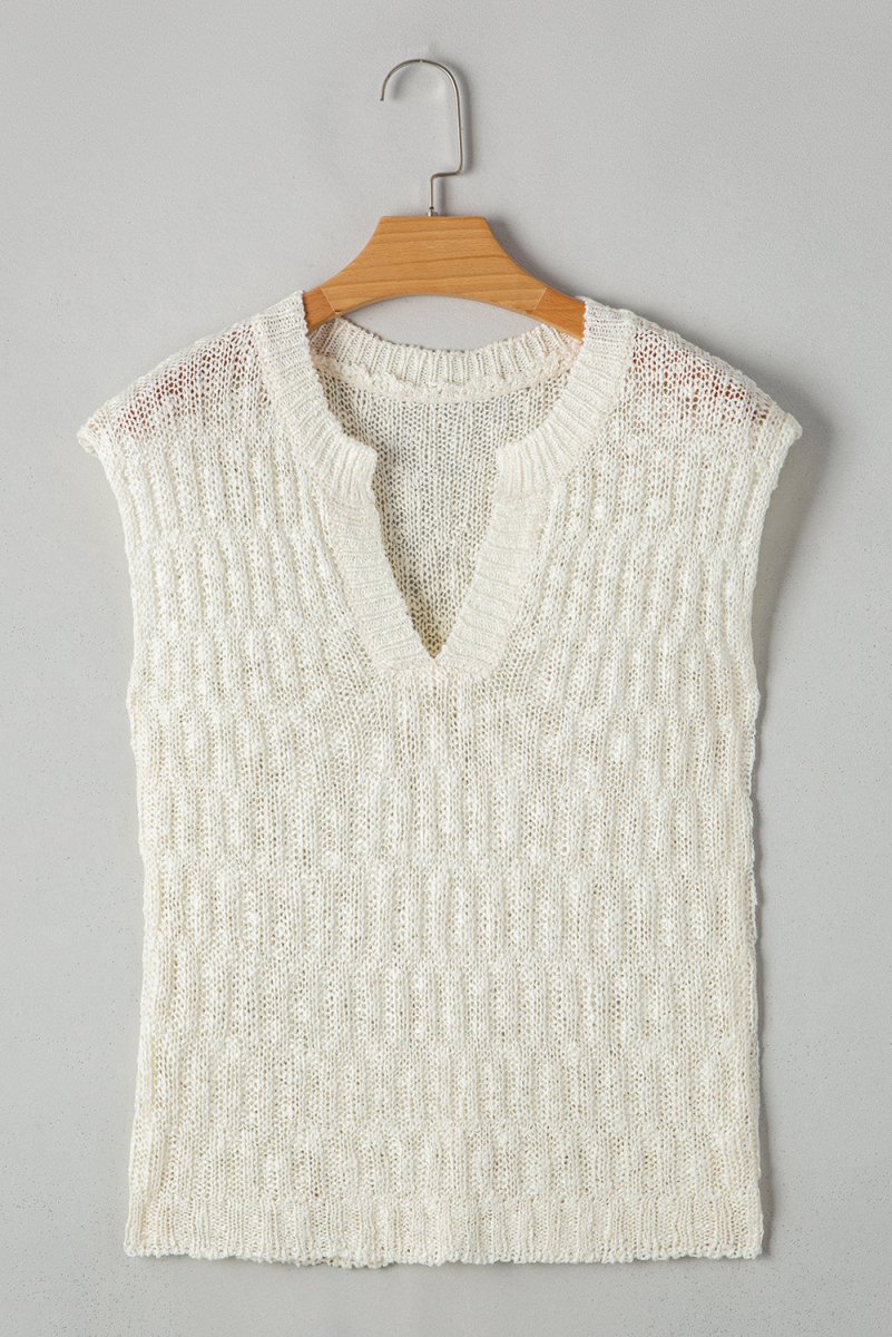 Beige Notched V Neck Short Sleeve Sweater for Casual Wear - Love Salve 