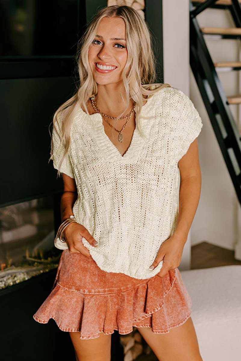 Beige Notched V Neck Short Sleeve Sweater for Casual Wear - Love Salve 