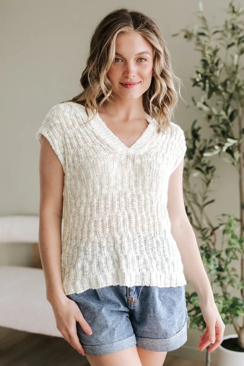 Beige Notched V Neck Short Sleeve Sweater for Casual Wear - Love Salve 